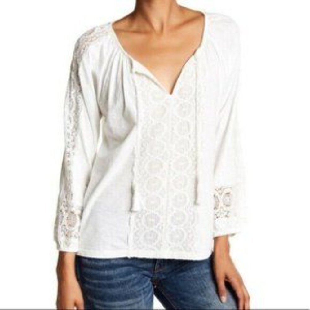 Joie Feyah White Crochet Lace Embroidered Tassel White Boho Long Sleeve Top - Picture 4 of 7